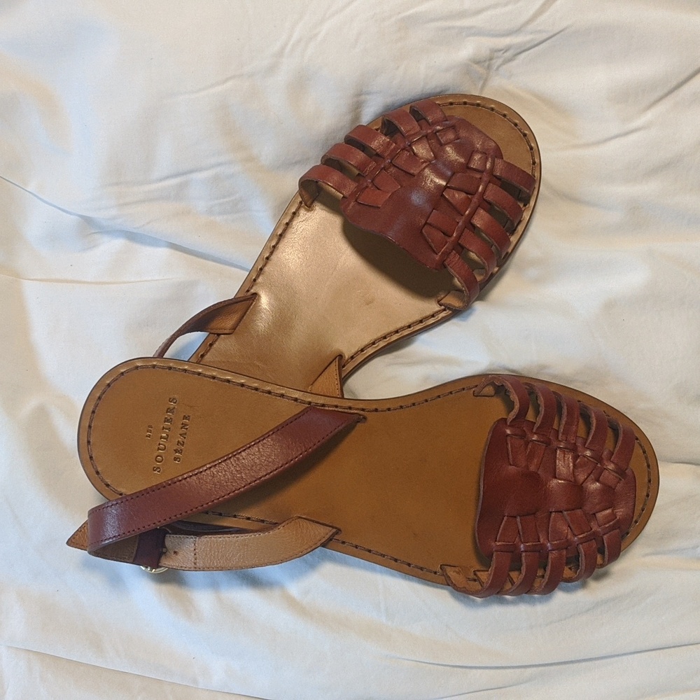 Sezane Brown Leather Woven Slingback Sandals